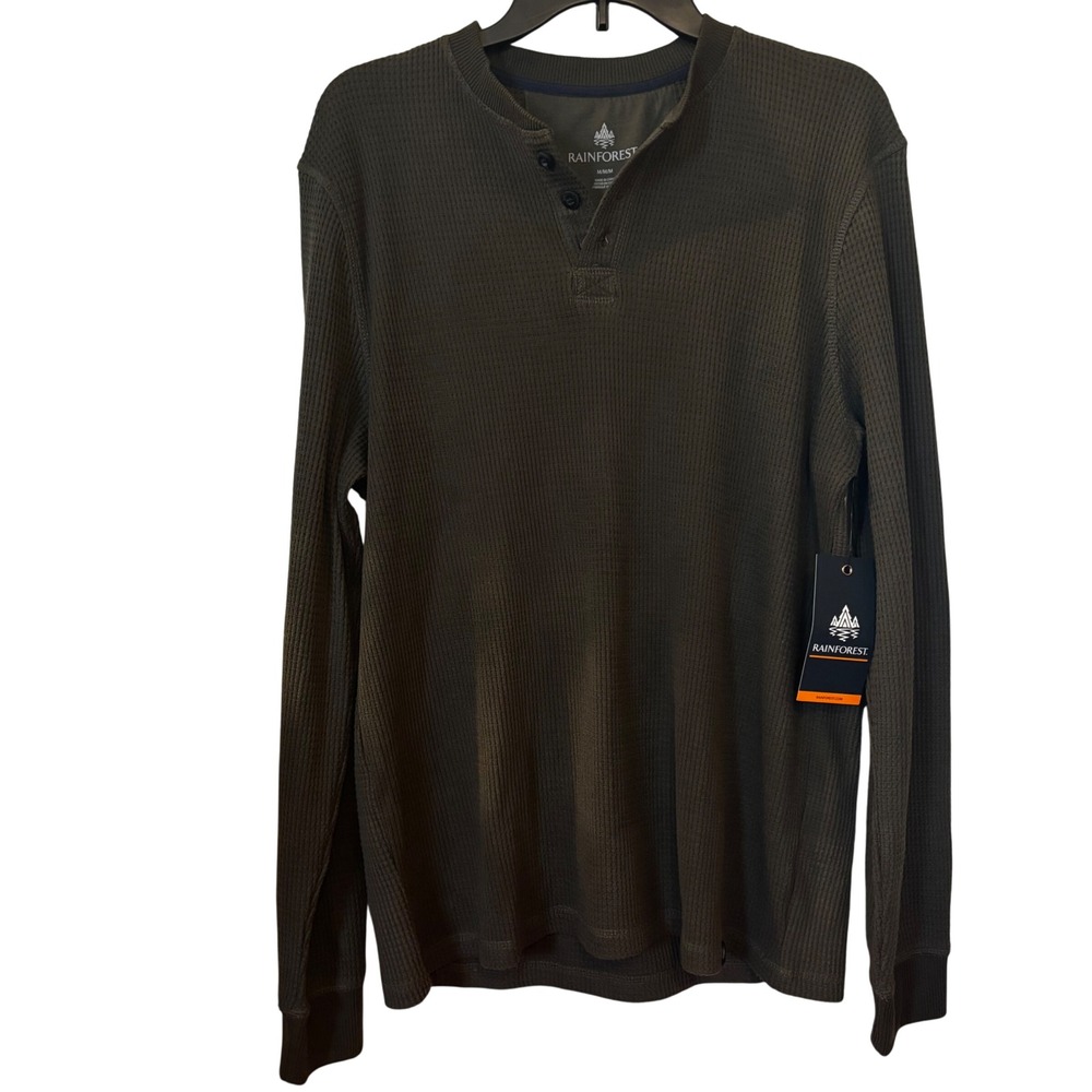 Rainforest Men's Henley Shirt Medium NWT Olive Waffle Knit Long Sleeve